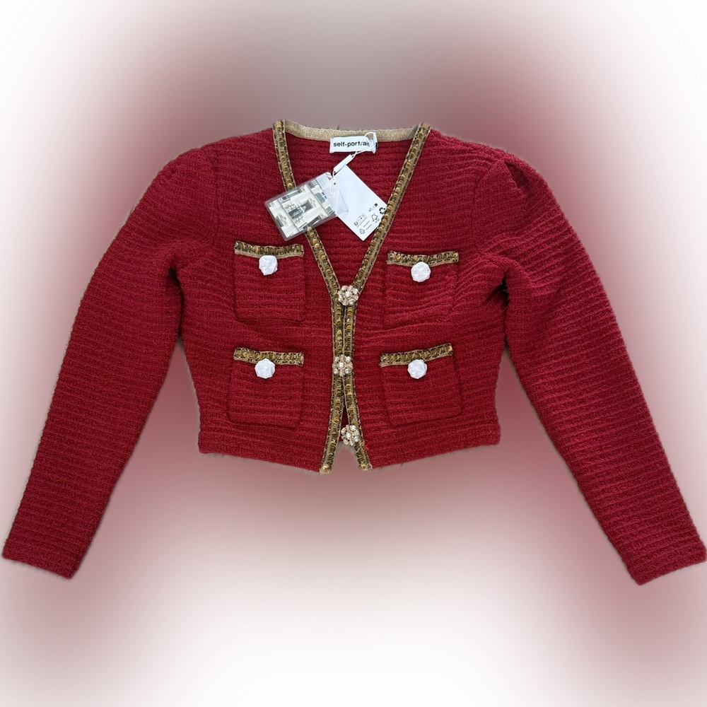 Self-Portrait Crimson Cardigan with Gold Details, new with tags size small - Picture 6 of 7